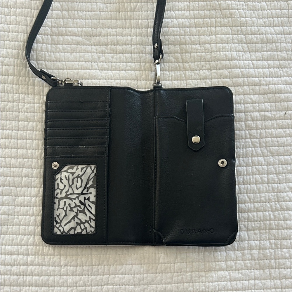Black Leather Crossbody Wallet with Card Slots and phone holder